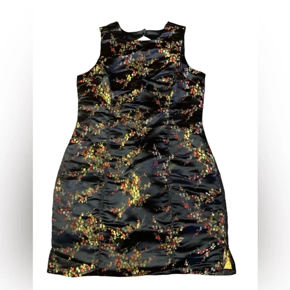 Vintage 90s Suzy Shier Floral Satin Cheongsam Qipao Mini Dress Black XL - Picture 1 of 7